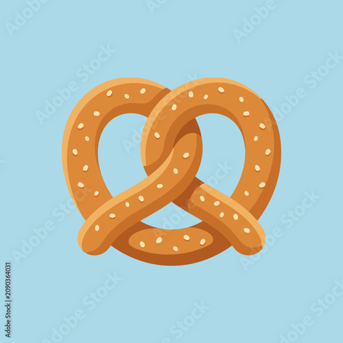 A single golden brown baked pretzel on a light blue background
