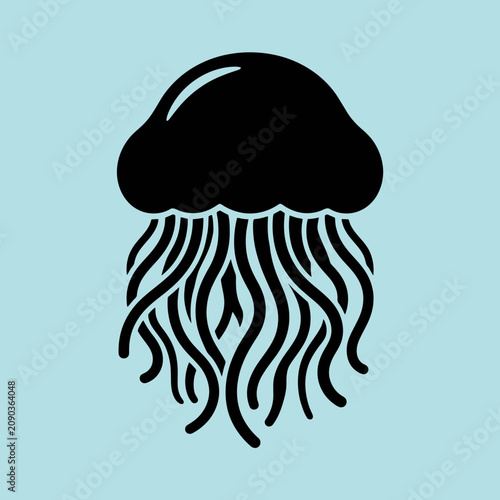 A black jellyfish silhouette on a light blue background
