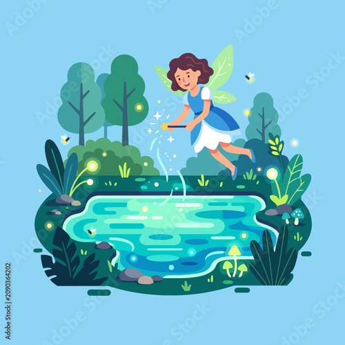 A magical winged girl casts a spell over a forest pond