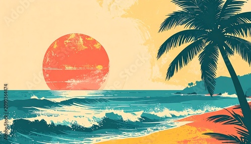 Retro vintage tropical beach illustration with a large red sunset and palm tree over ocean waves