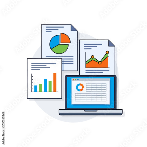 A digital laptop displaying business data charts and financial reports