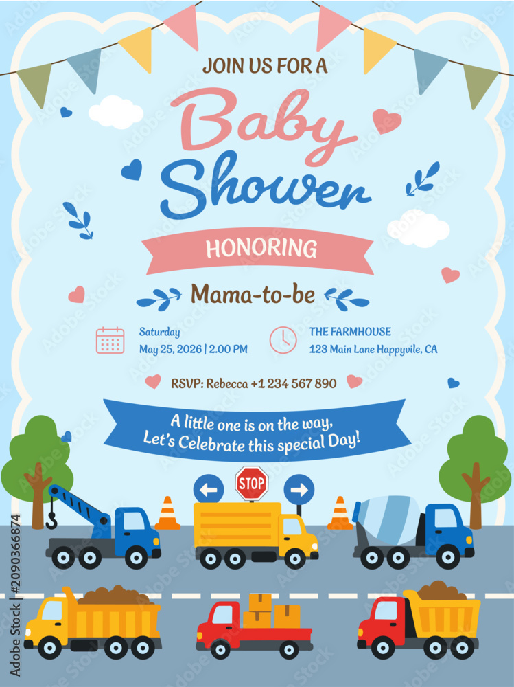 Fototapeta premium Construction Baby Shower Invitation Template for Boys - Little One on the Way Vector
