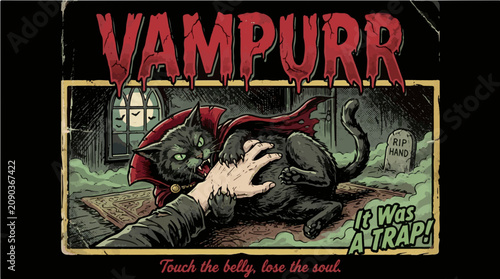 Vampurr It Was A Trap Retro Comic Illustration of a Vampire Black Cat Scratching a Hand Touching its Belly