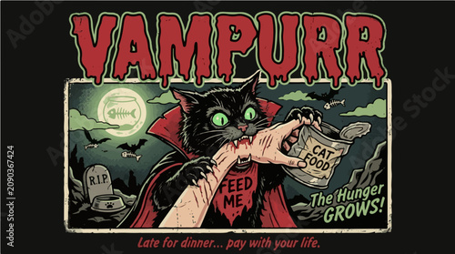 Vampurr The Hunger Grows Funny Halloween Retro Poster of Black Cat Vampire Biting Hand Holding Cat Food