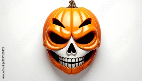 A vibrant, grinning jack-o'-lantern, intricately carved to resemble a skull, is centered on a clean white background. It has large, dark eye sockets