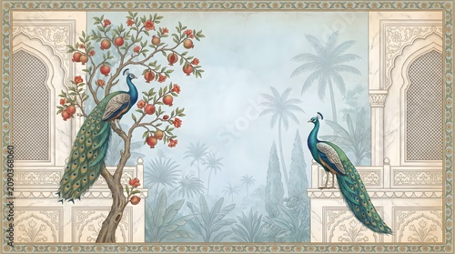 Vintage Mughal Garden Background with Peacocks
