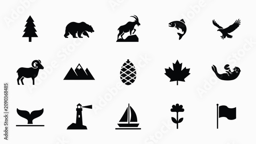 Foto Bold black and white wildlife and nature icon bundle with arranged clean grid ea
