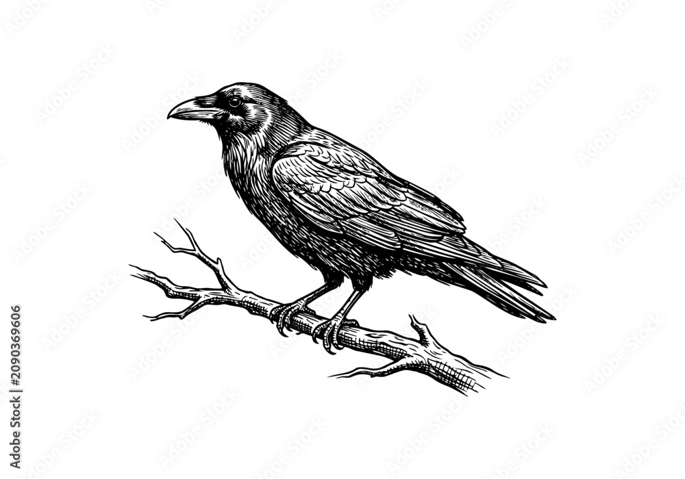 Fototapeta premium Vintage Raven Vector Illustration Hand Drawn Crow Bird Flying Perched Black And White Line Art Sketch For Gothic Halloween And Nature Graphic Design
