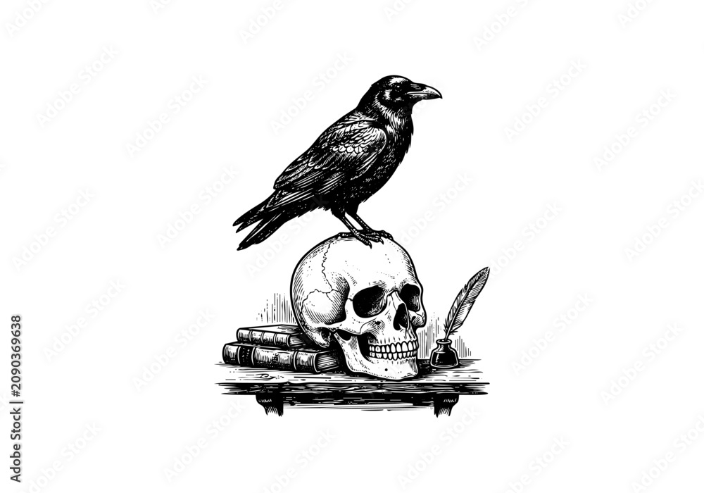 Fototapeta premium Vintage Raven Vector Illustration Hand Drawn Crow Bird Flying Perched Black And White Line Art Sketch For Gothic Halloween And Nature Graphic Design