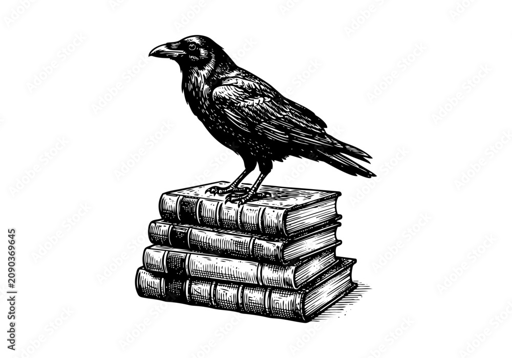 Fototapeta premium Vintage Raven Vector Illustration Hand Drawn Crow Bird Flying Perched Black And White Line Art Sketch For Gothic Halloween And Nature Graphic Design
