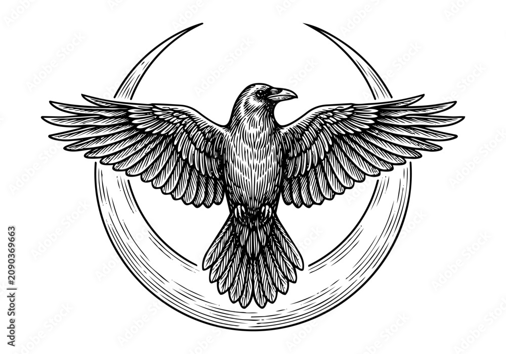 Fototapeta premium Vintage Raven Vector Illustration Hand Drawn Crow Bird Flying Perched Black And White Line Art Sketch For Gothic Halloween And Nature Graphic Design