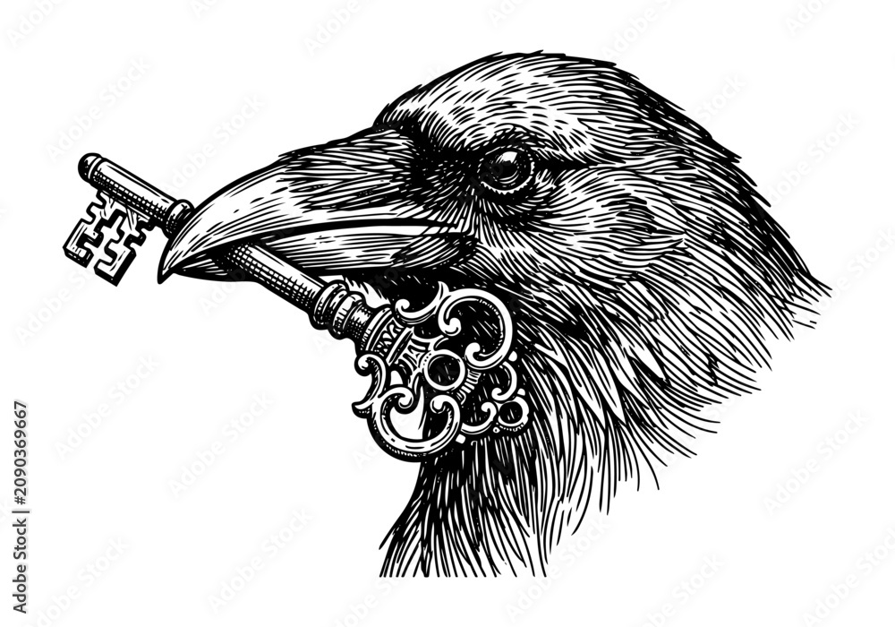 Fototapeta premium Vintage Raven Vector Illustration Hand Drawn Crow Bird Flying Perched Black And White Line Art Sketch For Gothic Halloween And Nature Graphic Design