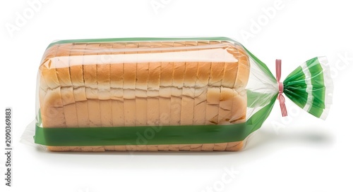 Loaf of sliced white bread in plastic wrap