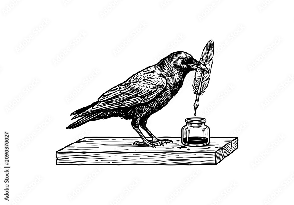 Fototapeta premium Vintage Raven Vector Illustration Hand Drawn Crow Bird Flying Perched Black And White Line Art Sketch For Gothic Halloween And Nature Graphic Design