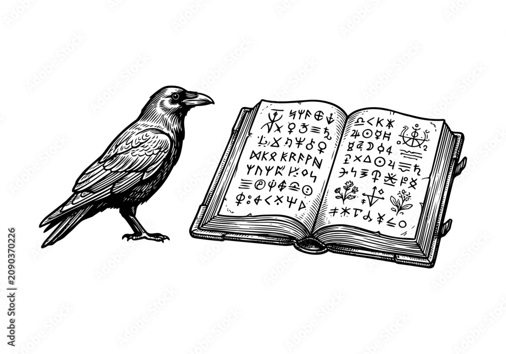 Fototapeta premium Vintage Raven Vector Illustration Hand Drawn Crow Bird Flying Perched Black And White Line Art Sketch For Gothic Halloween And Nature Graphic Design