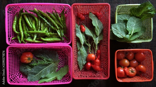 Fresh Vegetables in Pink Baskets Overhead View.