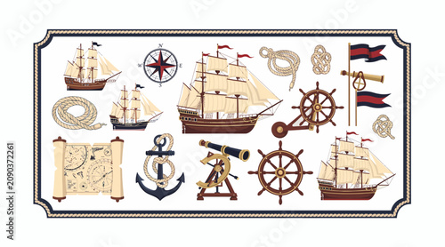 Nautical Vintage Elements: Ships, Anchor, Compass, Telescope, Map, Rope
