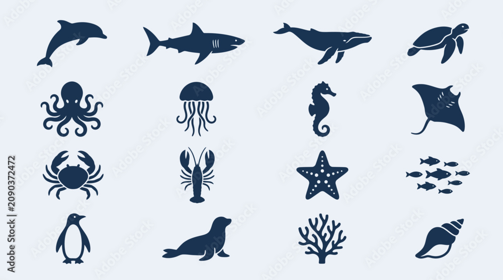 Fototapeta premium Set of marine animal illustrations and icons