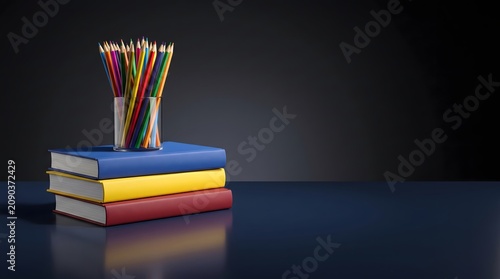 Colorful Pencils in Glass Jar Standing on Stack of Blue Yellow Red Books on Dark Background Education Concept