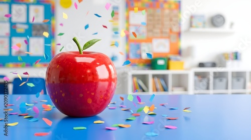 Shiny Red Apple with Falling Confetti on Blue Desk in Colorful Classroom Back to School Celebration Concept