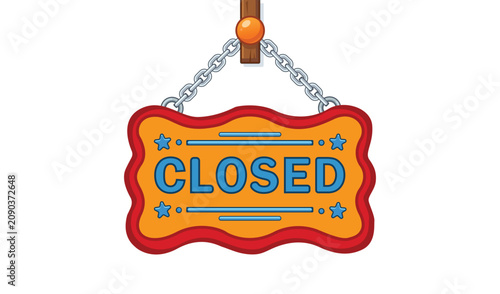 Closed sign hanging on a chain with a wooden hanger against a plain backdrop vector
