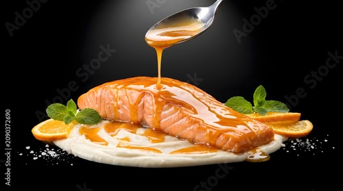 Grilled Salmon Fillet with Orange Glaze Sauce Pouring from Spoon on Creamy Puree with Mint and Citrus Garnish