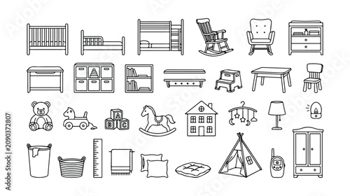 Konstfotografi Nursery furniture and baby accessories line art vector collection