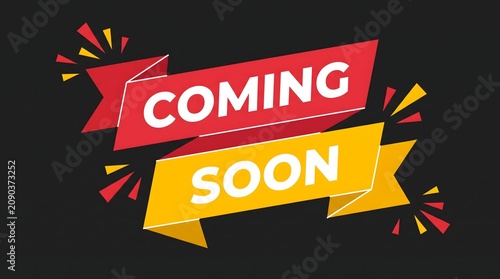 Coming Soon Red and Yellow Ribbon Banner Set with Confetti Burst on Dark Background Announcement Design