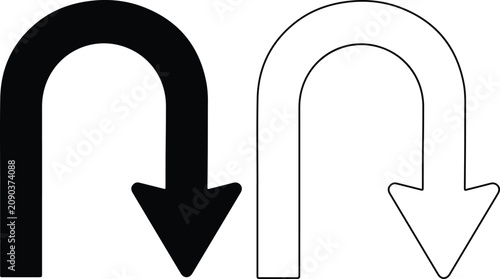 Foto Two U-turn arrows in black solid and white outline style for direction change co