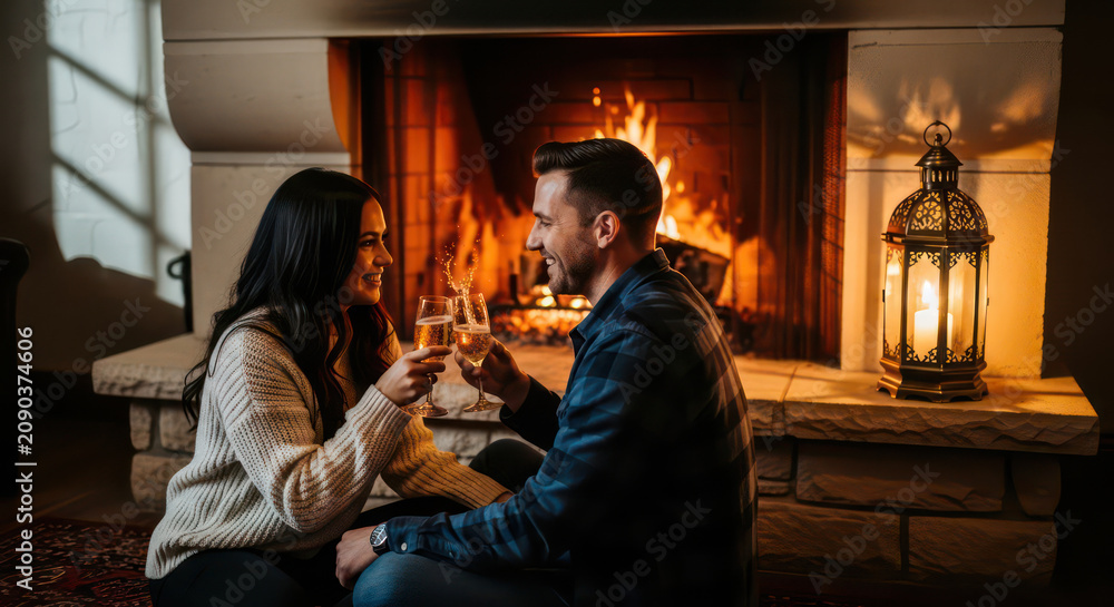 Obraz premium Couple Decorating Christmas Tree with Fireworks in Winter