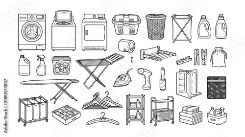 Fotografía Laundry room essentials vector icon set, household cleaning appliances and tools