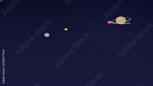 Minimalist space animation sequence 4K flat vector illustration of planets in orbit background