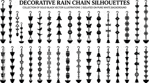 Fotografie Decorative rain chain collection featuring solid black silhouettes of traditiona