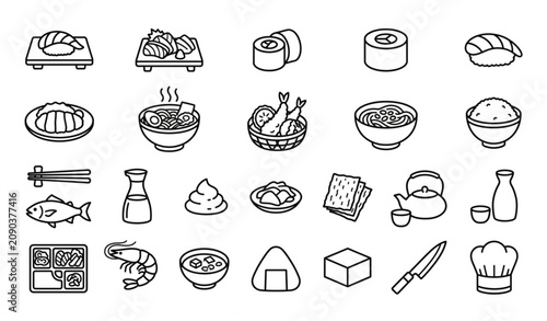 Photography Japanese Food Thin Line Icon Set with Sushi Sashimi Ramen Tonkatsu and Tradition