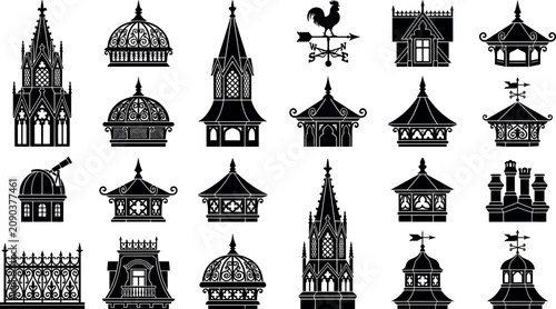 Canvas Print Vintage architectural roof elements collection featuring detailed black silhouet