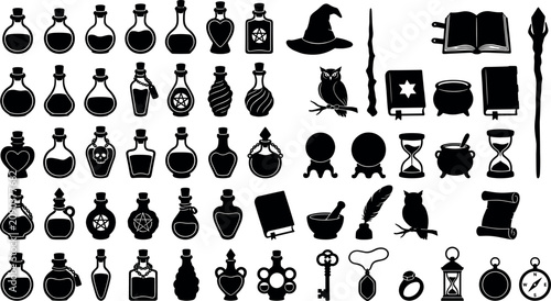 Canvastavla Witchcraft and wizardry icons bundle featuring black silhouettes of magic potion