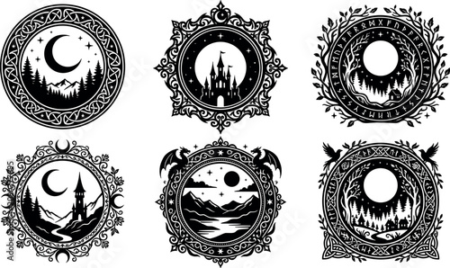 Fotografía Fantasy landscape emblems bundle featuring black circular silhouettes of fairyta