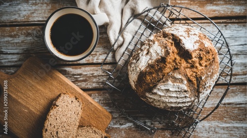 Freshly baked bread with coffee on wooden table.