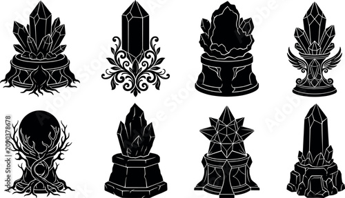 Cuadro en lienzo Mystic crystal altar stands collection featuring detailed black silhouettes of m