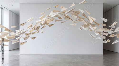 Arc of cream paper airplanes suspended in modern gallery representing creativity and travel