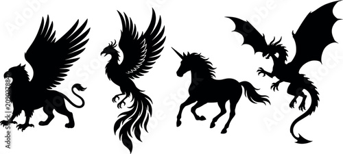 Fotografía Mythical creatures vector collection featuring black silhouettes of a royal grif