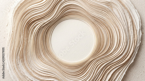 Top view of concentric cream paper layers forming a wavy circular frame with central copy space for minimalist organic design backgrounds