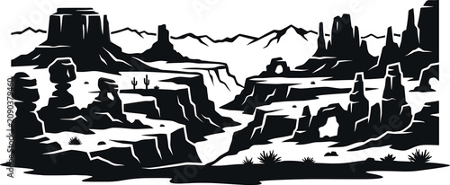 Fényképezés Desert canyon landscape illustration featuring detailed black silhouettes of wes