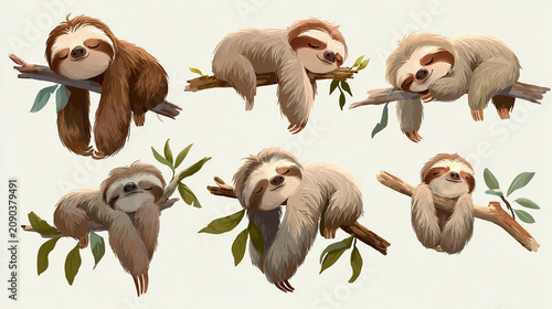 A cute set of little wild sloths hanging from a tree branch