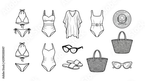 Foto Summer beachwear vector collection, vintage engraving style swimwear, elegant re