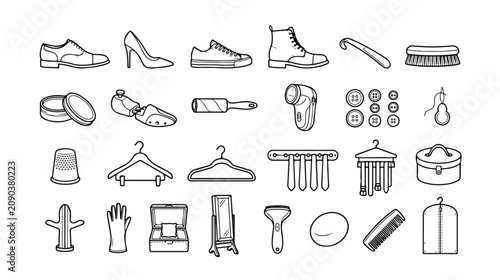 Cuadro en lienzo Fashion accessories and footwear vector icon set, elegant shoe care tools, cloth