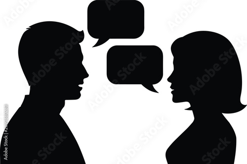 A black silhouette of a man and a woman facing each other in conversation with two speech bubbles between them on a white background