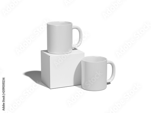 Blank white ceramic mugs with packaging box mockup