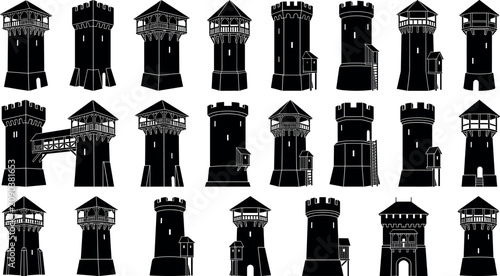 Quadro su tela Medieval guard tower collection featuring black vector silhouettes of fortress w