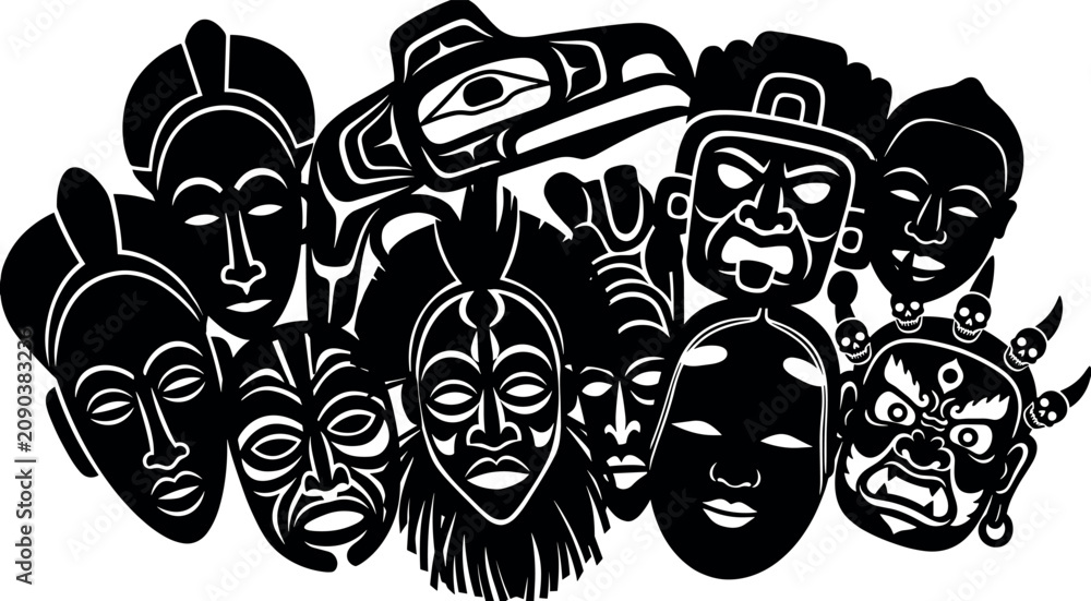 Obraz premium Indigenous tribal mask collection featuring detailed black silhouettes of traditional African Aztec Mayan and Pacific island ritual masks